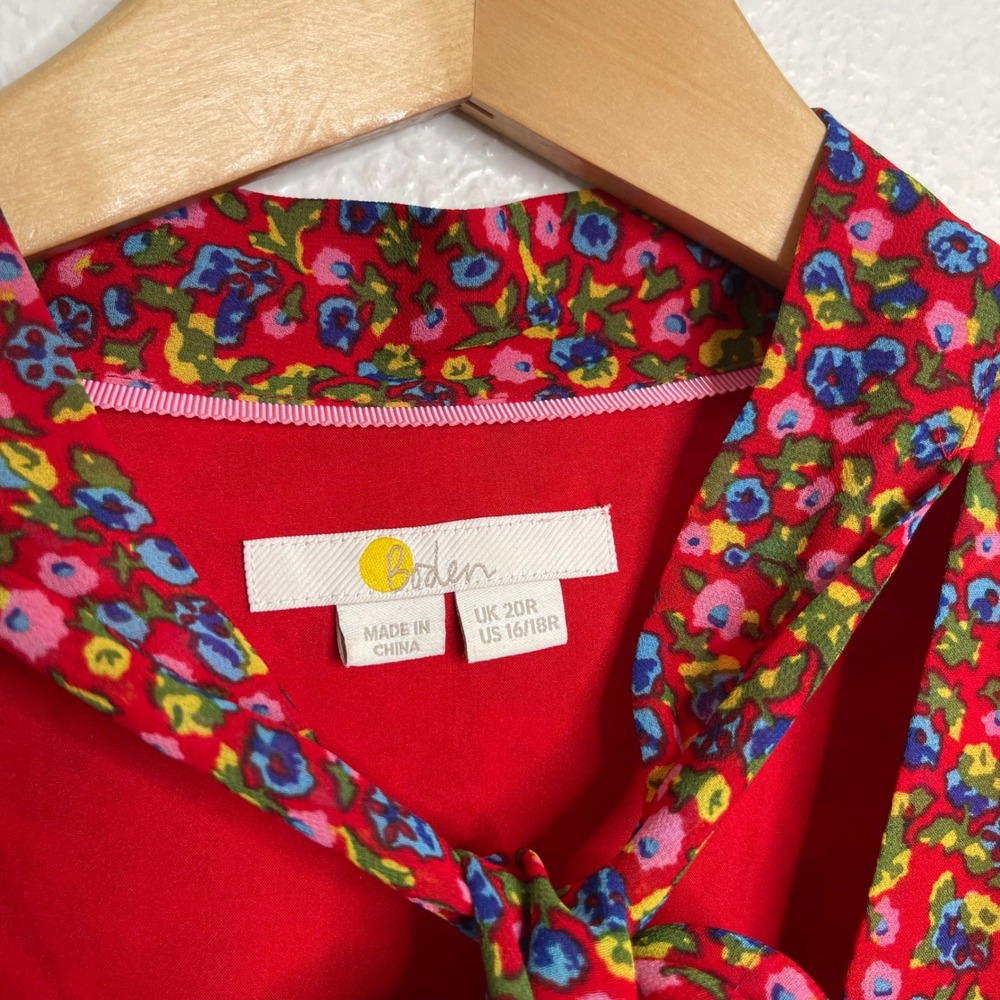 Boden Red Floral Tie Neck Midi Dress Sheer Long Sleeve US 16/18R - Picture 4 of 6